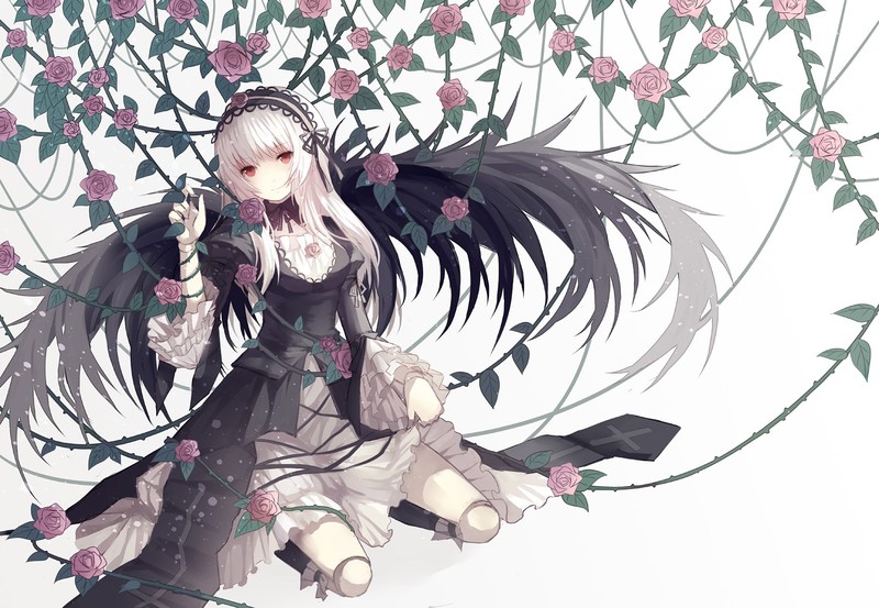 anime, anime girls, Rozen Maiden, Suigintou, wings, kneeling, flowers
