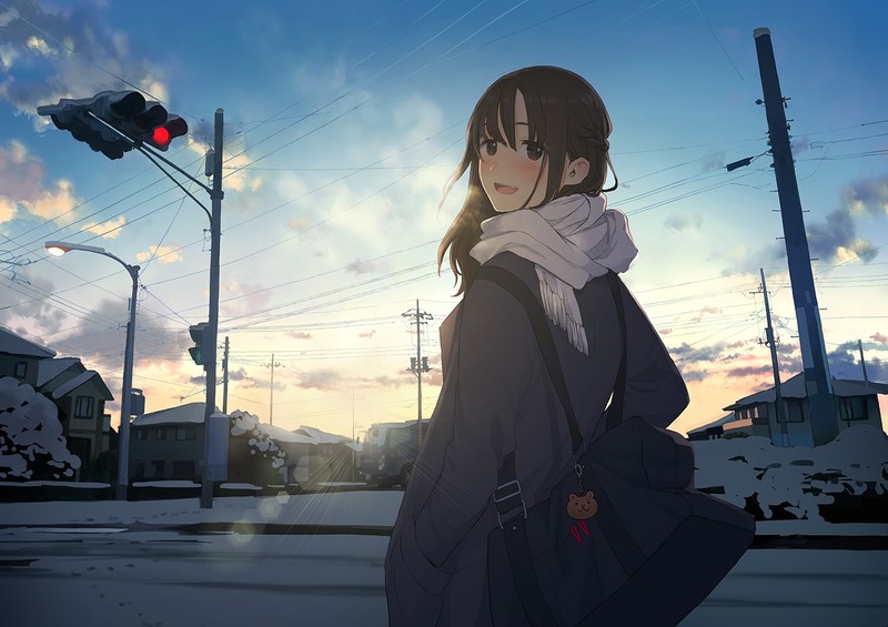 anime, anime girls, urban, snow, town