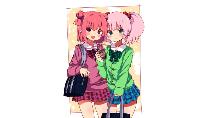 anime, manga, anime girls, simple background, minimalism, Yuru Yuri, Akaza Akari, Yoshikawa Chinatsu, schoolgirl, pink hair, short hair, looking at viewer
