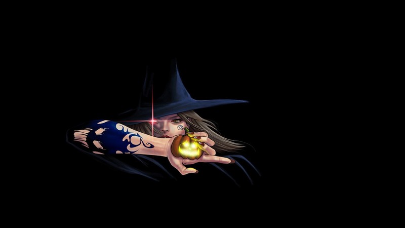 witch, witch hat, tattoo, cape, spell, Jack, pumpkin, magic, simple background, black background, digital art, artwork, fantasy girl, fantasy art