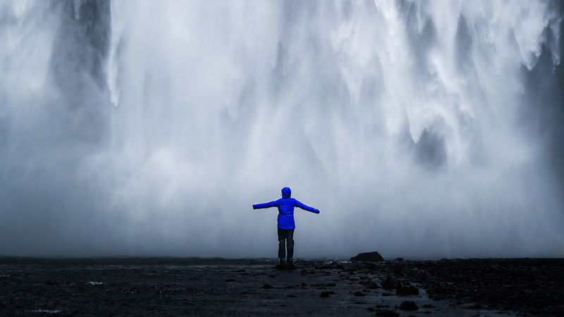 waterfall, man, silhouette, cliff, water, 4k