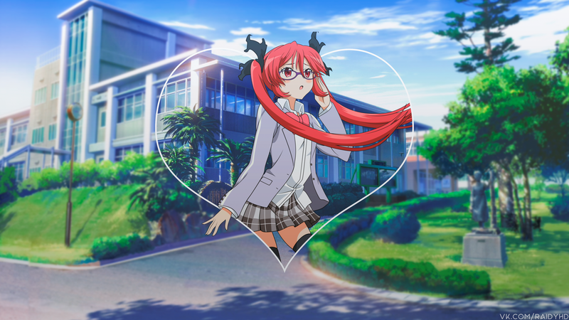 anime, anime girls, picture-in-picture, redhead, red eyes, miniskirt, long hair