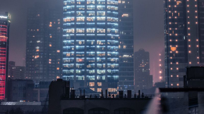 buildings, smog, fog, skyscrapers, night city, 4k