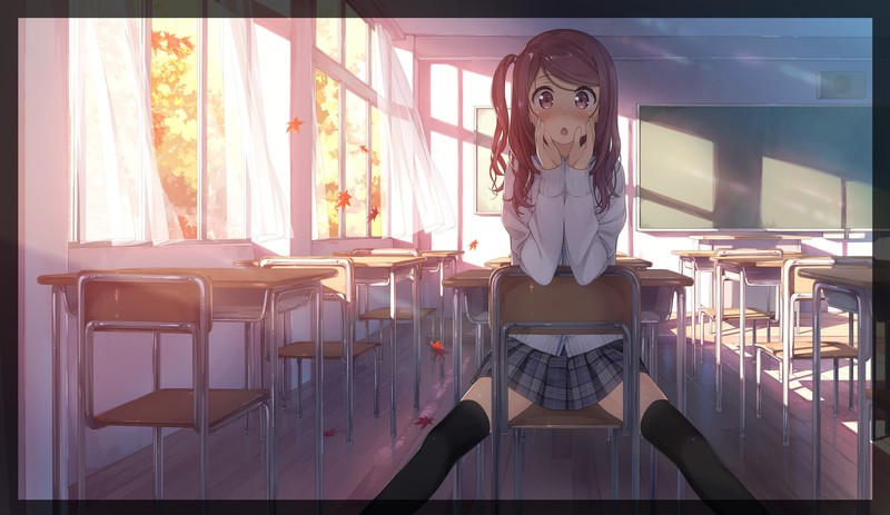 anime, anime girls, school, miniskirt, sitting