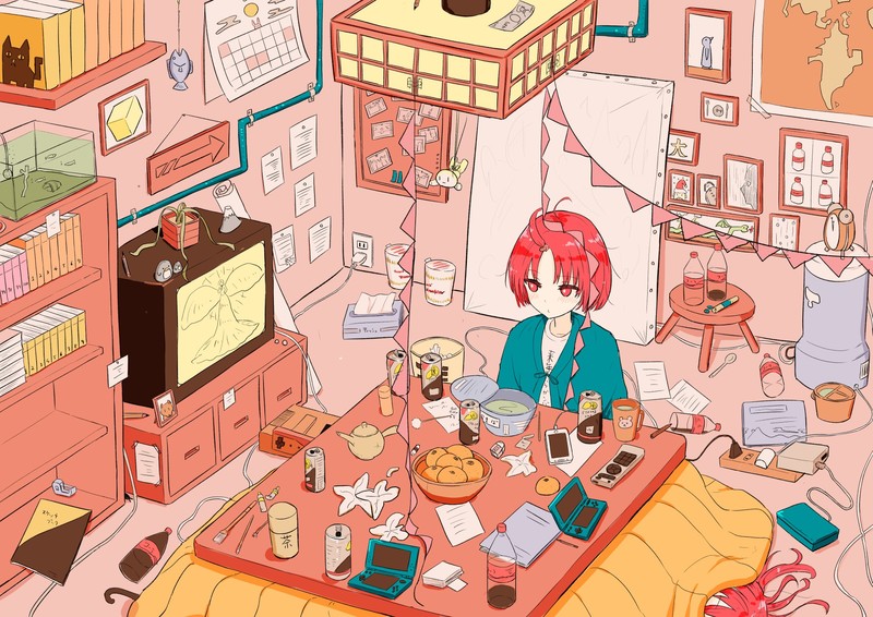 anime girls, anime, redhead, red eyes, interior, room