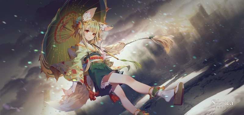 anime girls, umbrella, animal ears, blonde