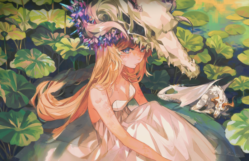 anime girls, anime, long hair, fantasy girl, blue eyes, dragon, blonde