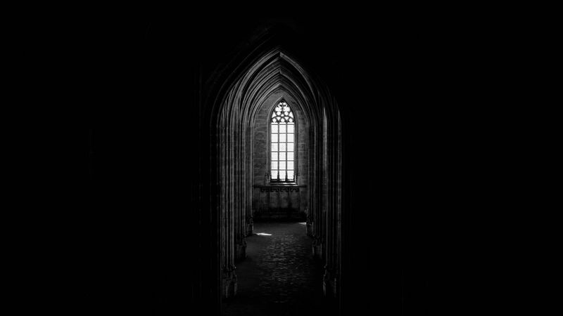 corridor, dark, window, arch, architecture, 4k