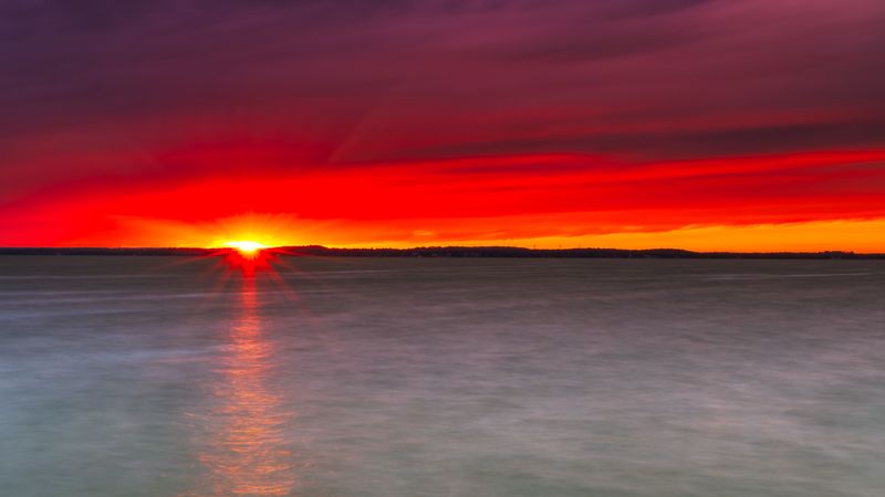 sunset, lake, horizon, stone, water, 4k