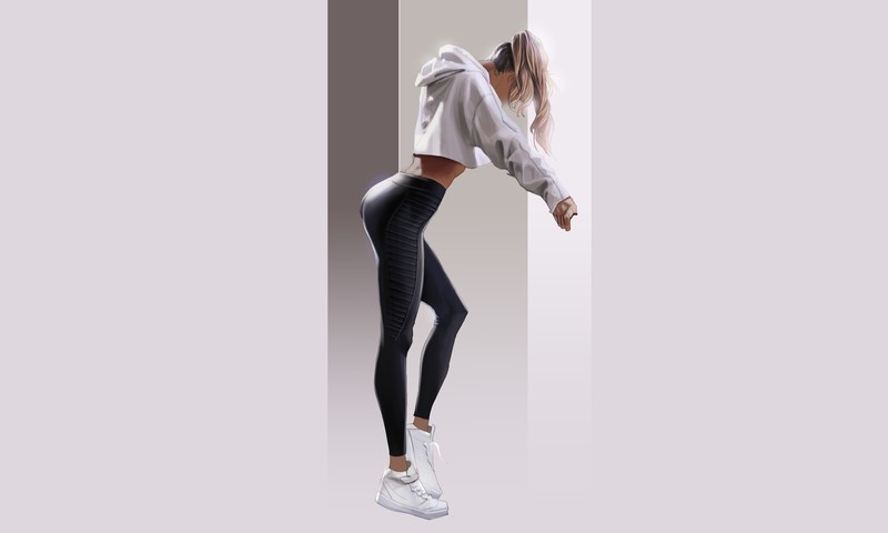 women, artwork, yoga pants, arched back, simple background