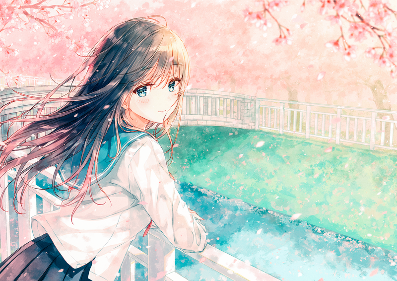 anime, anime girls, portrait, long hair, blush, cherry trees, bridge