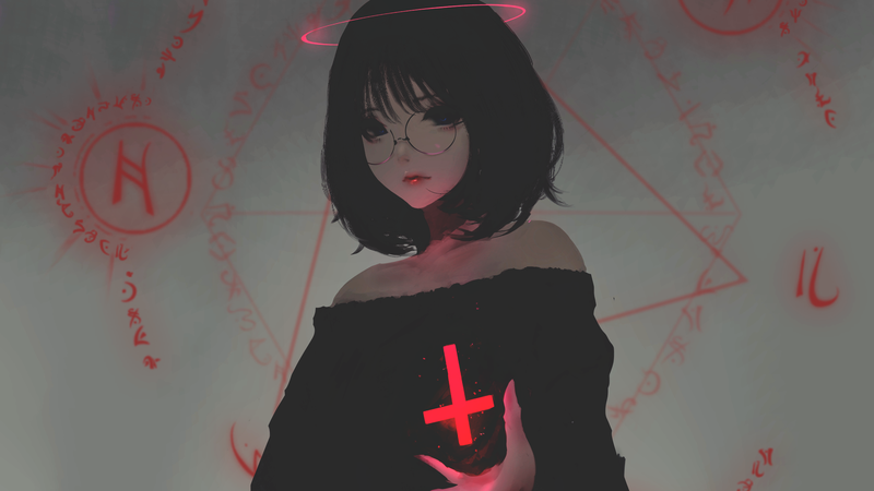 anime girls, anime, dark hair, cross, inverted cross