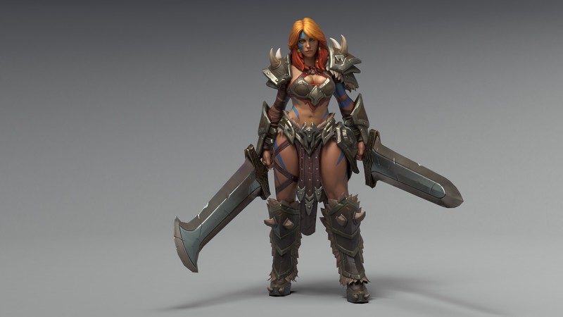 Barbarian, sword, armor, Diablo 3: Reaper of Souls, Diablo III, tattoo, gray background, long hair, redhead, render, women, green eyes, 3D, simple background, warrior, fantasy girl, video games
