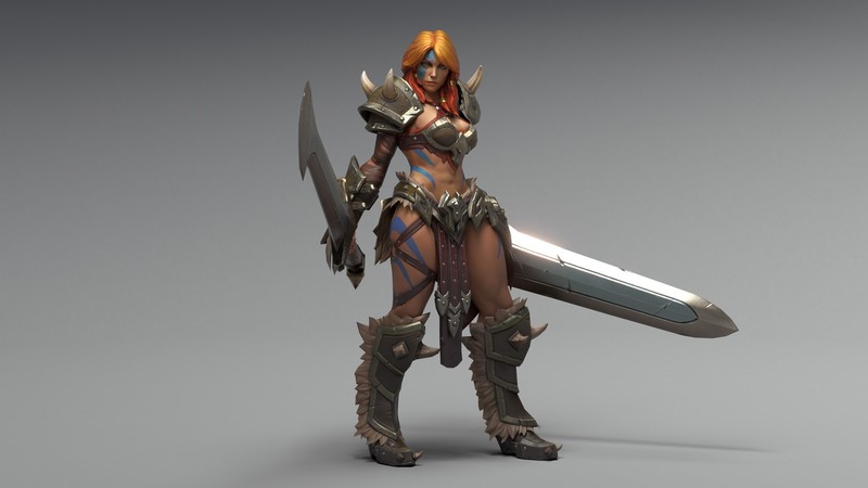 Barbarian, sword, armor, Diablo 3: Reaper of Souls, Diablo III, tattoo, gray background, long hair, redhead, render, women, green eyes, 3D, video games, simple background, fantasy girl