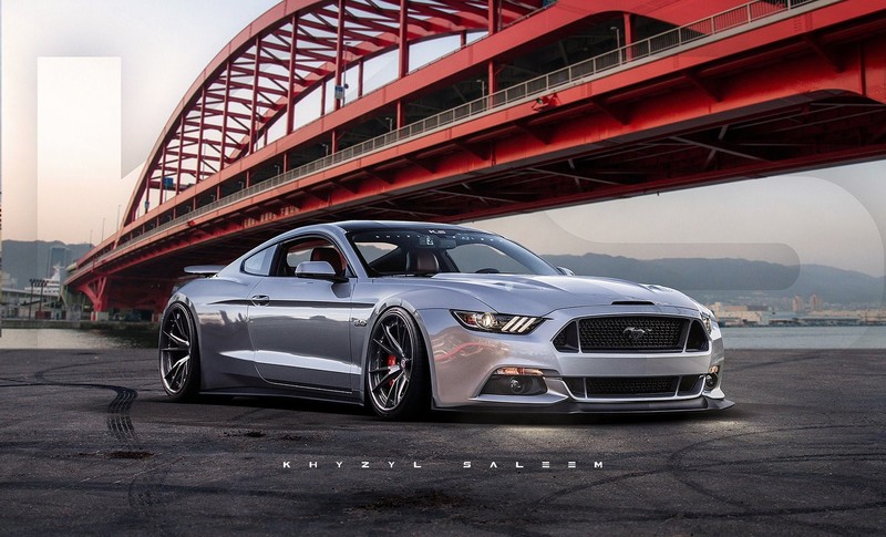 Khyzyl Saleem, car, render, digital art, Ford Mustang, widebody, vehicle, silver cars, bridge