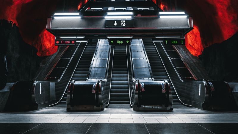 escalator, metro, tunnel, underground, dark, 4k