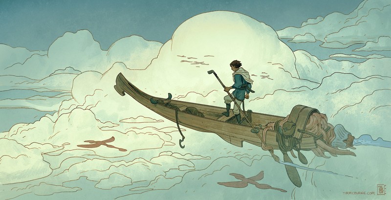 drawing, boat, sky, men, oar, clouds, fishing, hood, fantasy art