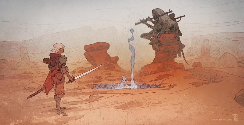 drawing, men, warrior, armor, sword, hole, creature, desert, rocks, fantasy art