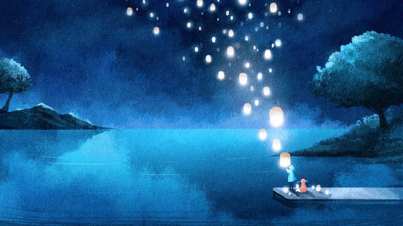 lake, night, lanterns, silhouette, art, 4k