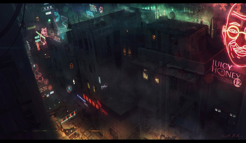 night, digital, neon, architecture, concept art