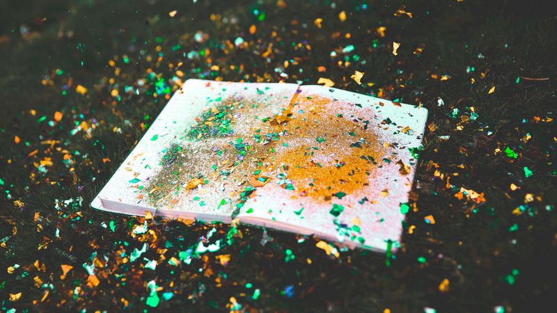 book, confetti, glitter, colorful, grass, 4k