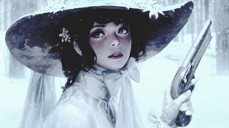 GUWEIZ, blue eyes, edit, snowing, artwork, winter, women, gun, pistol