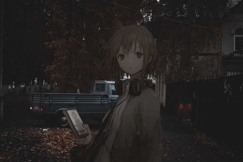 anime girls, 2D, headphones, evening, smartphone, dark, anime, short hair