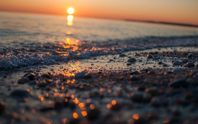sunset, reflection, bokeh, water, nature, photography, depth of field, waves, stones