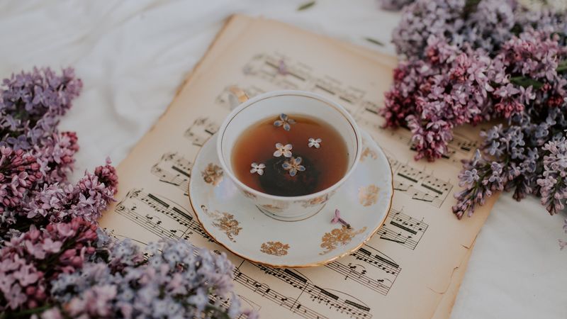 cup, tea, lilac, flowers, notes, still life, 4k