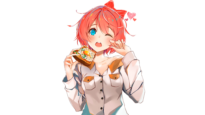 anime, manga, anime girls, simple background, minimalism, game art, Doki Doki Literature Club, Sayori (Doki Doki Literature Club), redhead, open mouth, fried egg, blue eyes