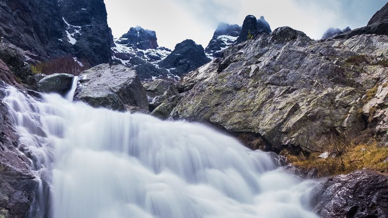 waterfall, river, mountains, rocks, stones, 4k