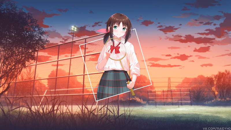 anime girls, anime, picture-in-picture, Hanesaki Ayano, HANEBADO!, badminton racket, green eyes, brunette