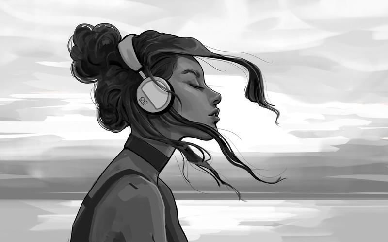 Mandy Jurgens, artwork, digital art, women, profile, hairbun, sketches, headphones, closed eyes, monochrome, illustration