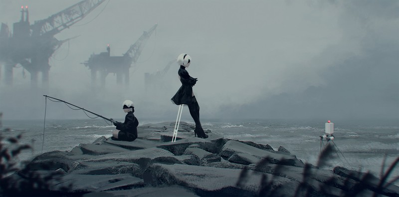 Z.W. Gu, digital art, Nier: Automata, Android 2B, video games, fantasy art, fishing rod, NieR