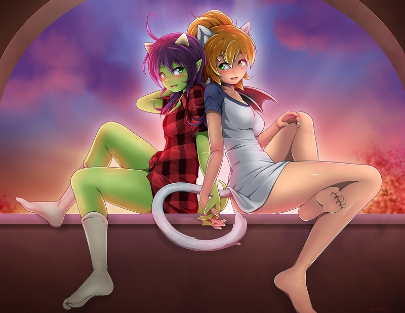 blonde, ass, legs, animal ears, cat girl, back to back, anime girls, sitting, socks, barefoot, tail, anime