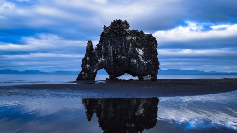 rock, sea, coast, Iceland, Hvítserkur, water, sky, nature, blue, clouds, reflection, lake