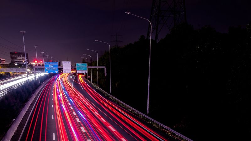 road, highway, night, lights, movement, 4k