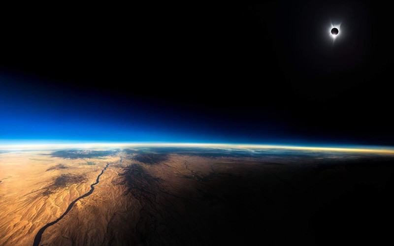 space, Earth, atmosphere, eclipse, nature, river, desert, Jon Carmichael, space art, planet, dark