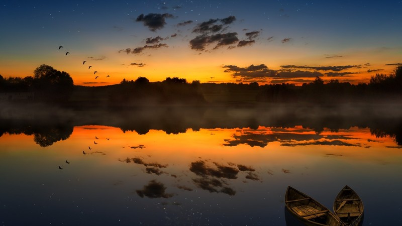 boat, sunset, lake, horizon, clouds, reflection, sky, nature, dark, sunlight