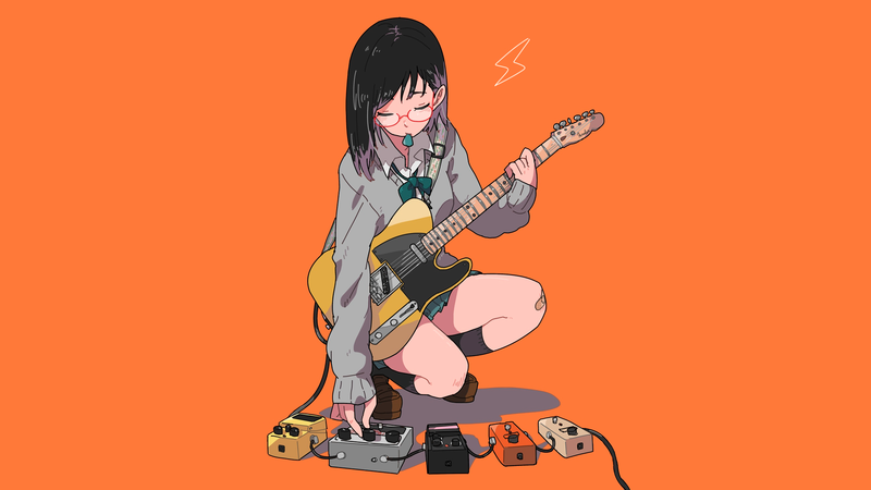 anime girls, simple background, orange, guitar, musician, meganekko, glasses, short hair, sitting, 2D, guitarist, JK, school uniform, thighs