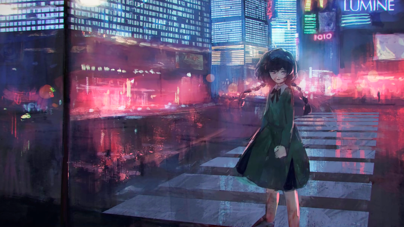 anime, manga, anime girls, city, night, short hair, braided hair, schoolgirl