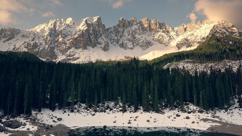 mountains, forest, lake, snow, shore, 4k