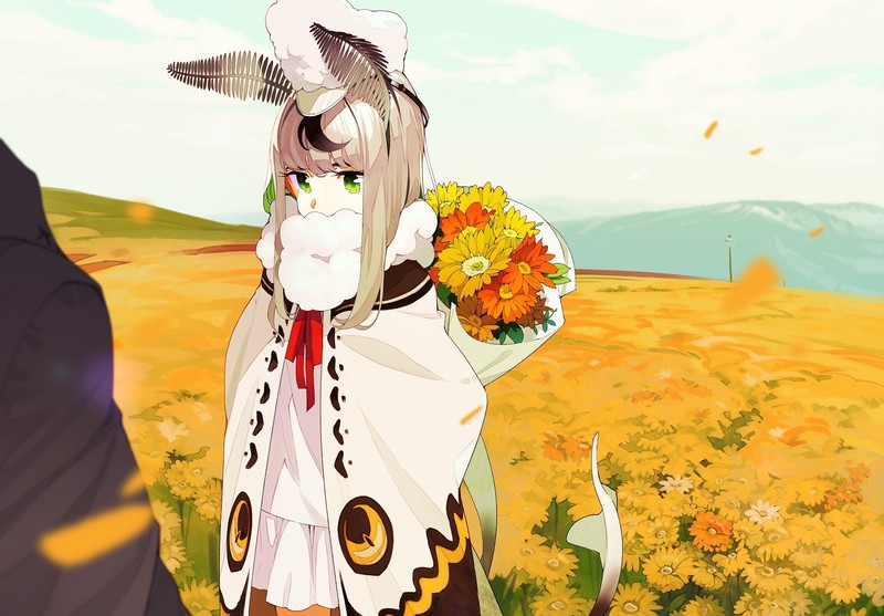 anime, anime girls, flowers, green eyes, field