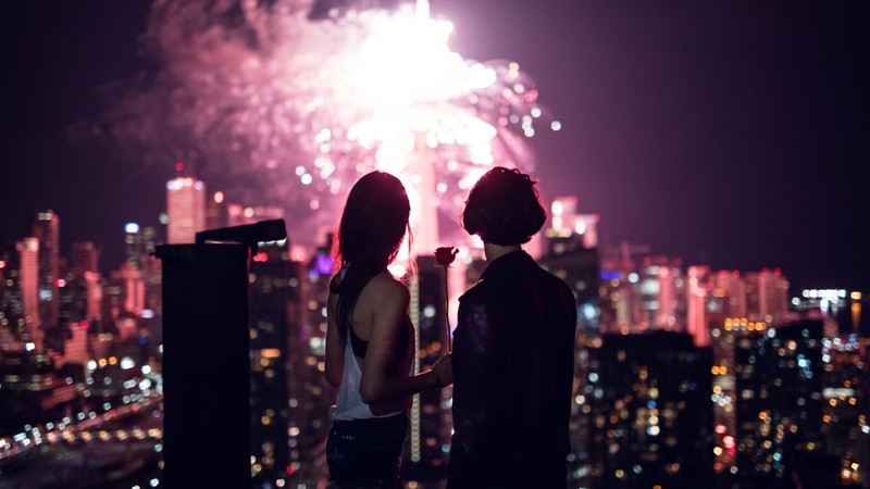 people, cityscape, night, women, couple, city lights, fireworks
