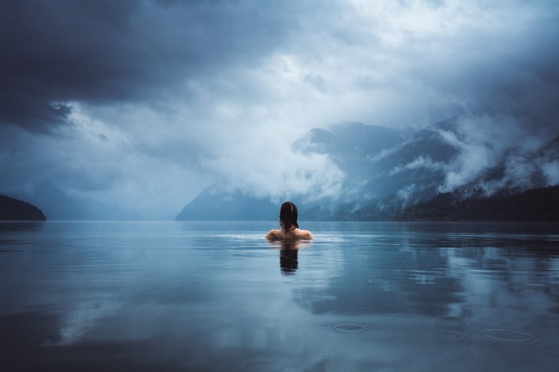 people, water, clouds, bare shoulders, mountains, in water, overcast, swimming, blue