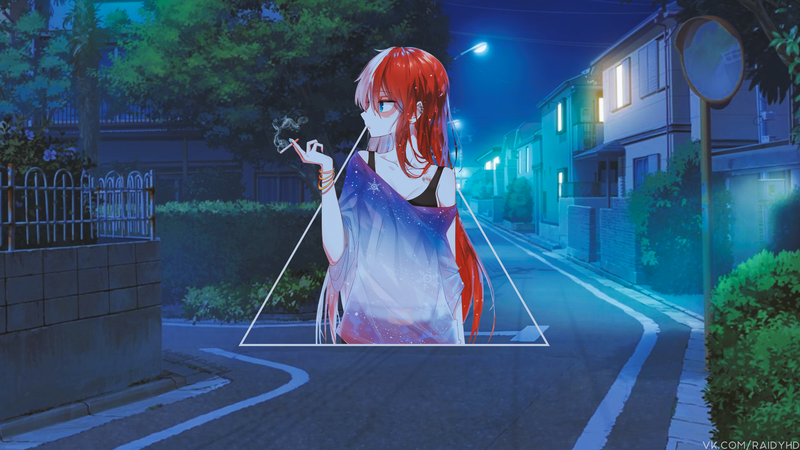 anime, anime girls, picture-in-picture, night, redhead, smoking, urban