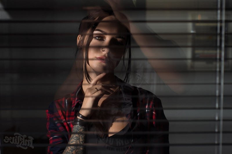 people, women, face, pierced nose, plaid shirt, reflection