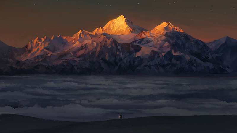 mountains, sunrise, snow, stars, clouds, lantern, camera, painting, artwork, nature