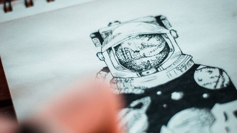 drawing, paper, ink, astronaut, art, 4k