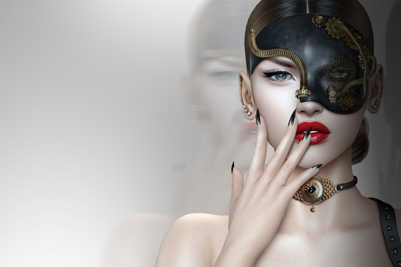 women, mask, face, blue eyes, mouth, lipstick, red lipstick, black nails, bare shoulders, finger on lips, rendering, digital art, artwork, simple background, collar